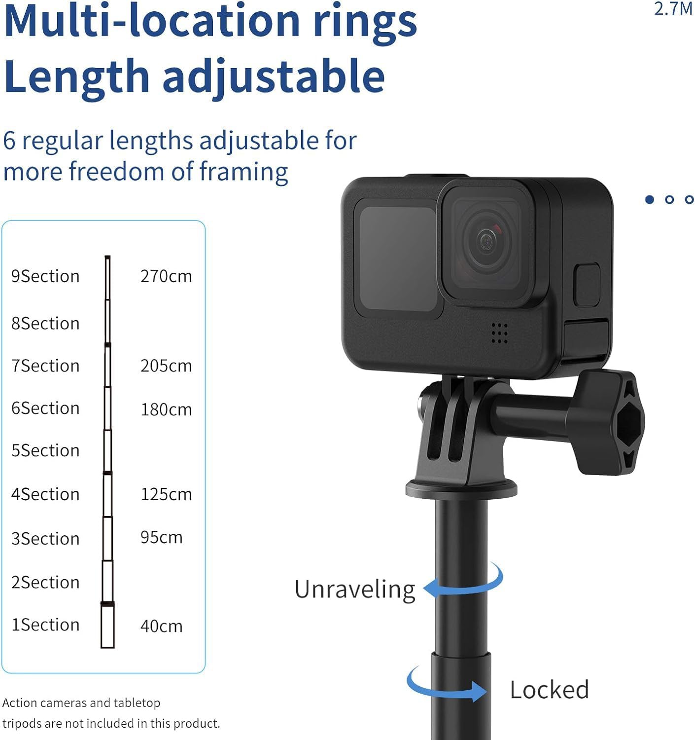 Long Selfie Stick Pole (106'), Extension Carbon Fiber Waterproof Dive Monopod For Gopro Max Go Pro 13 12 11 10 9 8 7,Insta360 X3 X4 Go 3 Ace Pro,Dji Action 4 5 Osmo Pocket 3 Bike Motorcycle Accessory